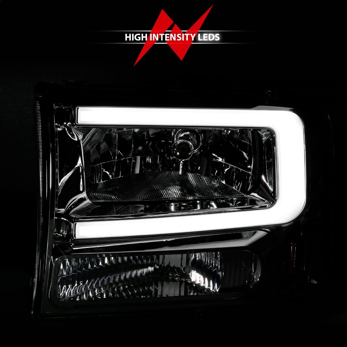 Anzo USA | Crystal Headlight Set Chorme Housing Pair w/Light Bar | Fits F-250 | 111550