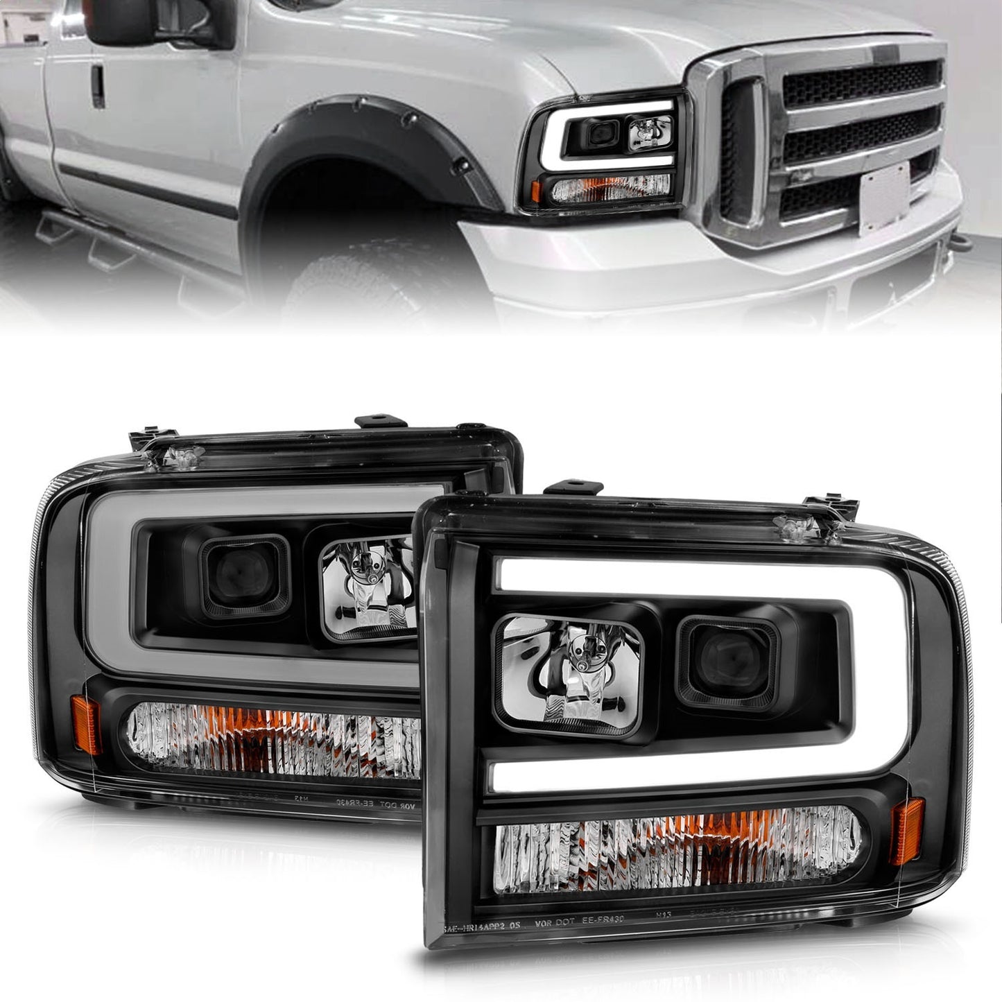 Anzo USA | Projector Headlight Set Black Housing w/Light Bar | Fits F-250 Super Duty | 111551