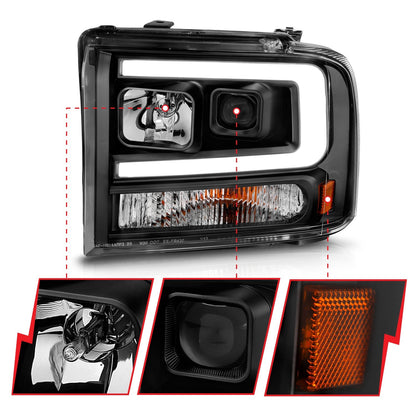 Anzo USA | Projector Headlight Set Black Housing w/Light Bar | Fits F-250 Super Duty | 111551