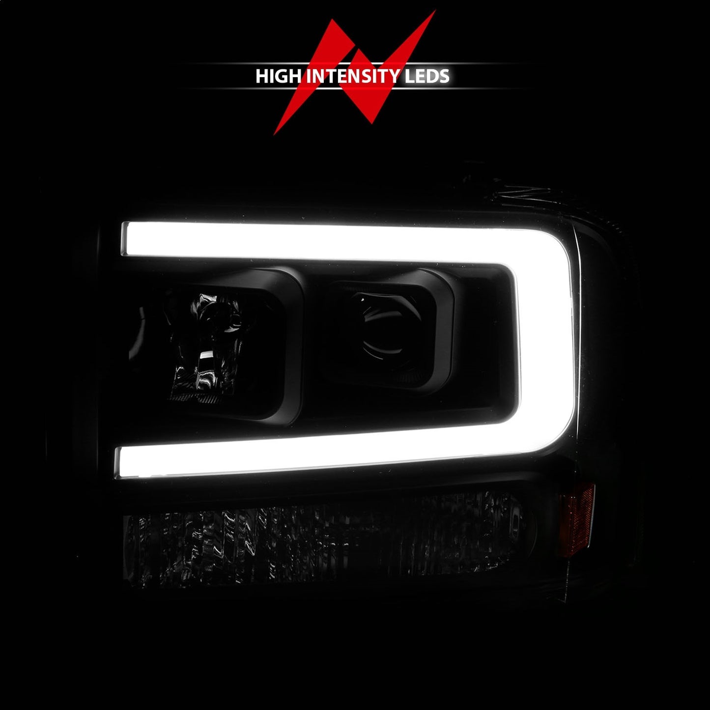 Anzo USA | Projector Headlight Set Black Housing w/Light Bar | Fits F-250 Super Duty | 111551