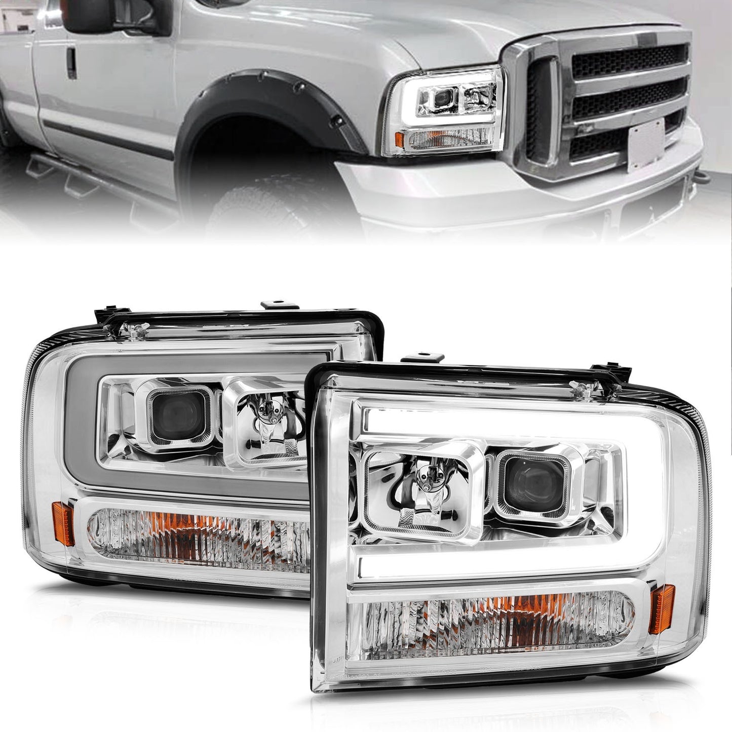 Anzo USA | Projector Headlight Set Chrome Housing w/Light Bar | Fits F-250 Super Duty | 111552