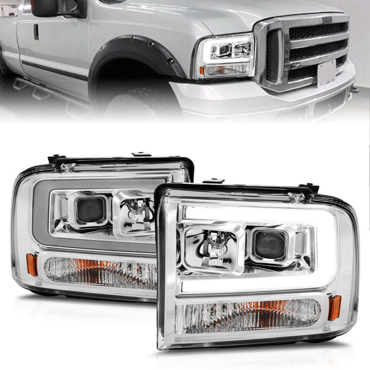 Anzo USA | Projector Headlight Set Chrome Housing w/Light Bar | Fits F-250 Super Duty | 111552