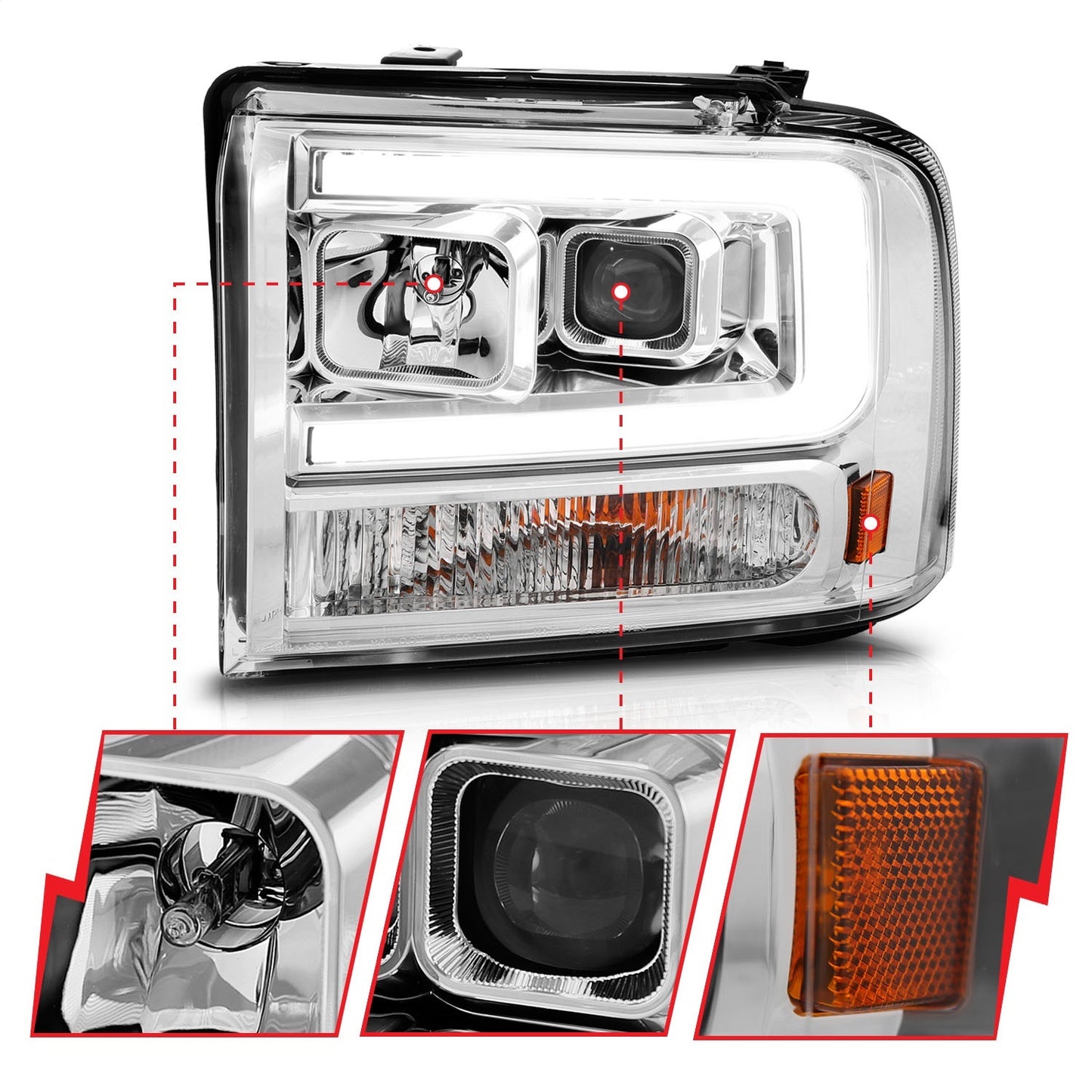 Anzo USA | Projector Headlight Set Chrome Housing w/Light Bar | Fits F-250 Super Duty | 111552