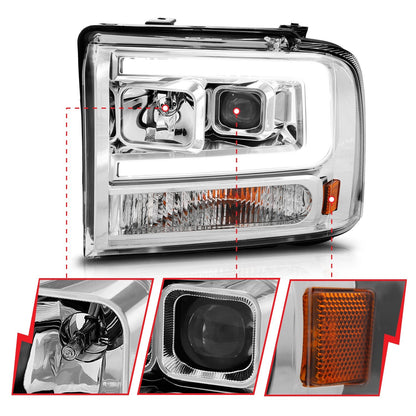 Anzo USA | Projector Headlight Set Chrome Housing w/Light Bar | Fits F-250 Super Duty | 111552
