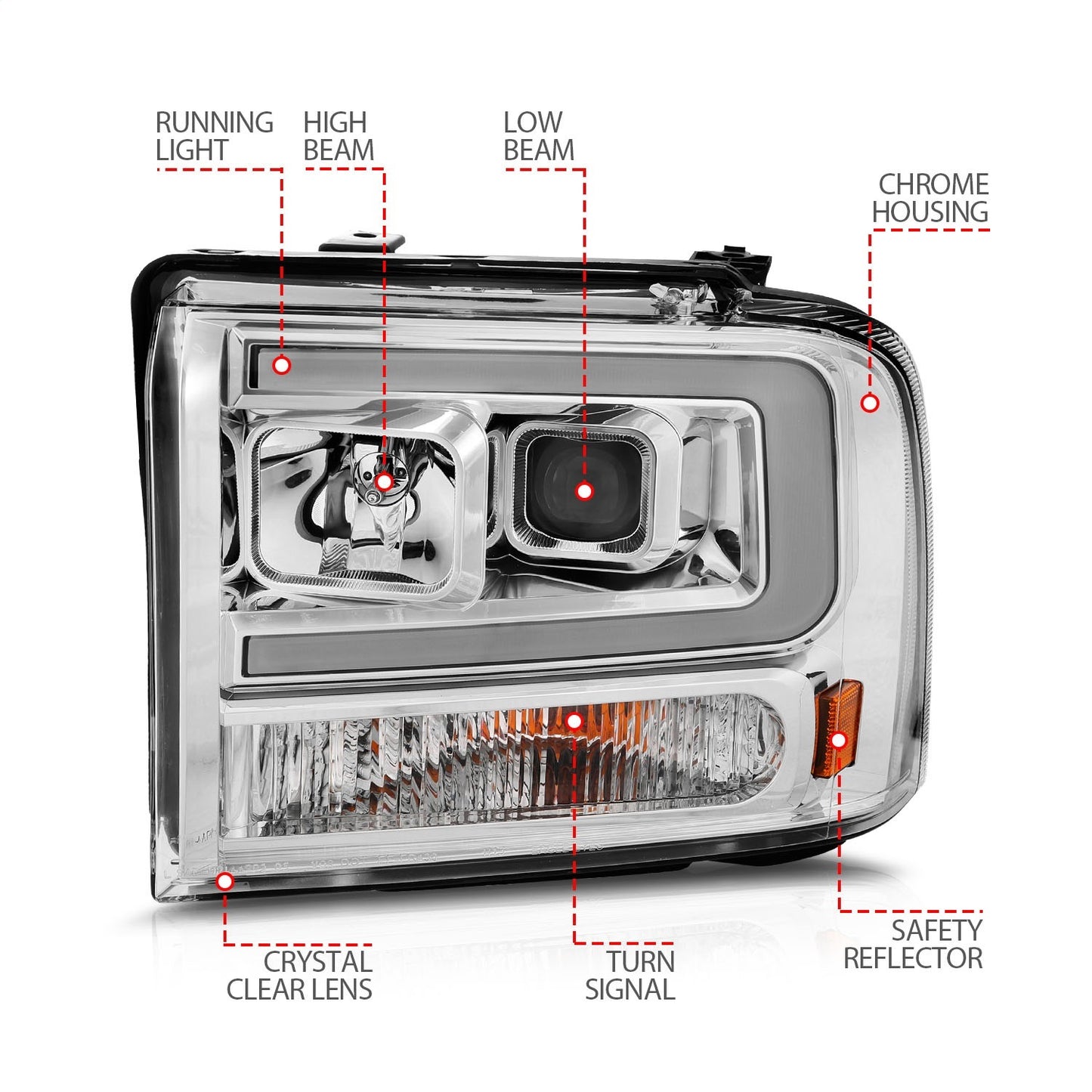 Anzo USA | Projector Headlight Set Chrome Housing w/Light Bar | Fits F-250 Super Duty | 111552