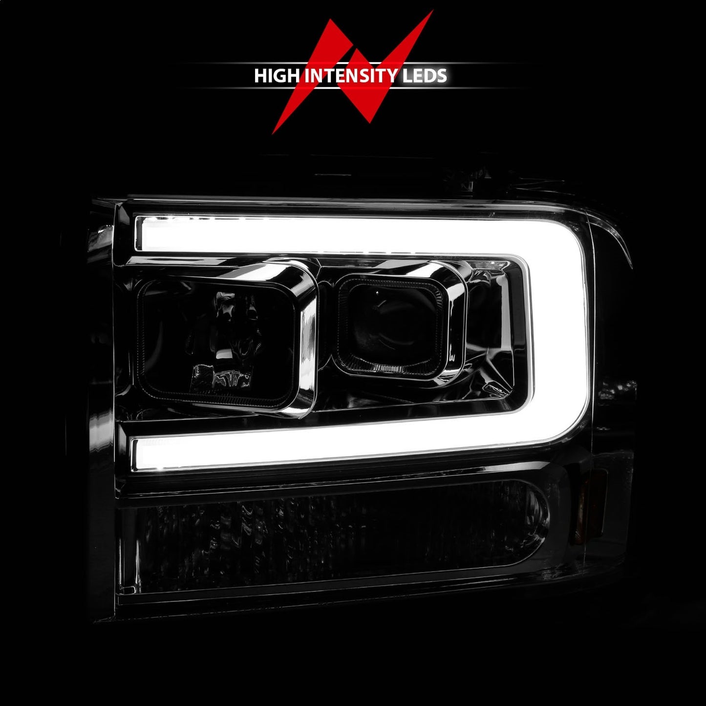 Anzo USA | Projector Headlight Set Chrome Housing w/Light Bar | Fits F-250 Super Duty | 111552