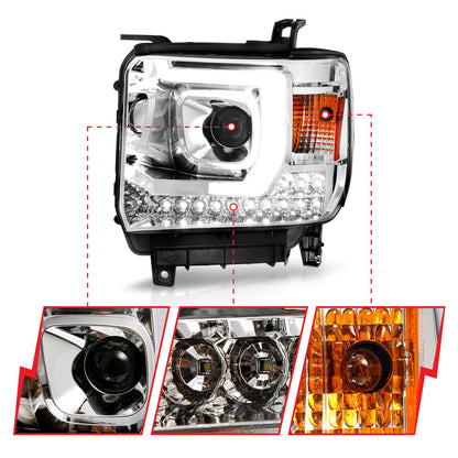 Anzo USA | Projector Headlight Set w/Plank Style Switchback Chrome Pair | Fits Sierra 1500 | 111553