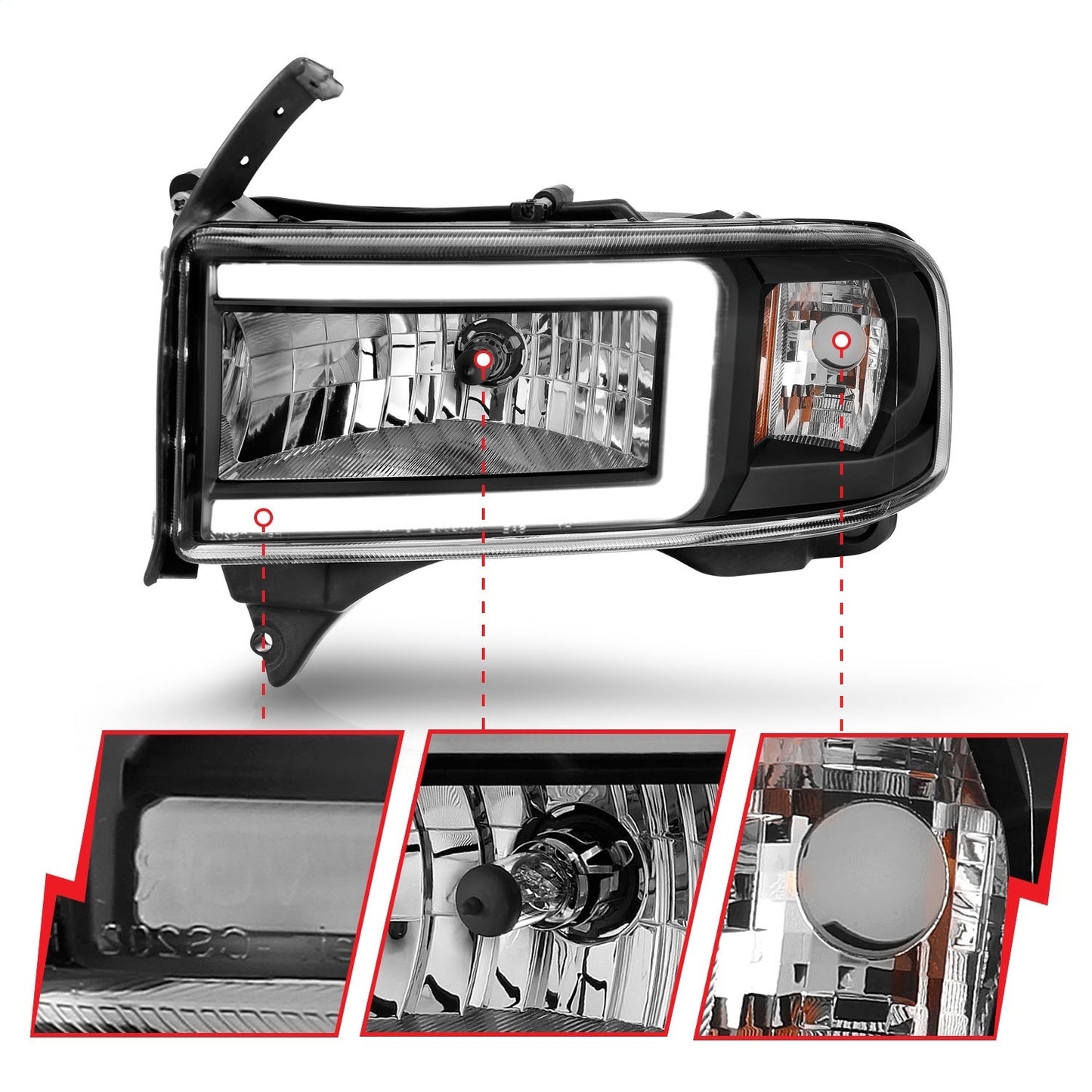 Anzo USA | LED Crystal Headlight Set w/Light Bar Black Housing Pair | Fits Ram 2500 | 111554