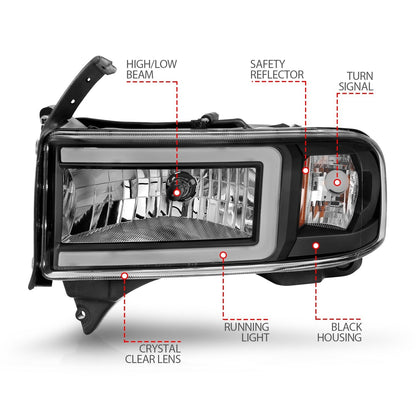 Anzo USA | LED Crystal Headlight Set w/Light Bar Black Housing Pair | Fits Ram 2500 | 111554