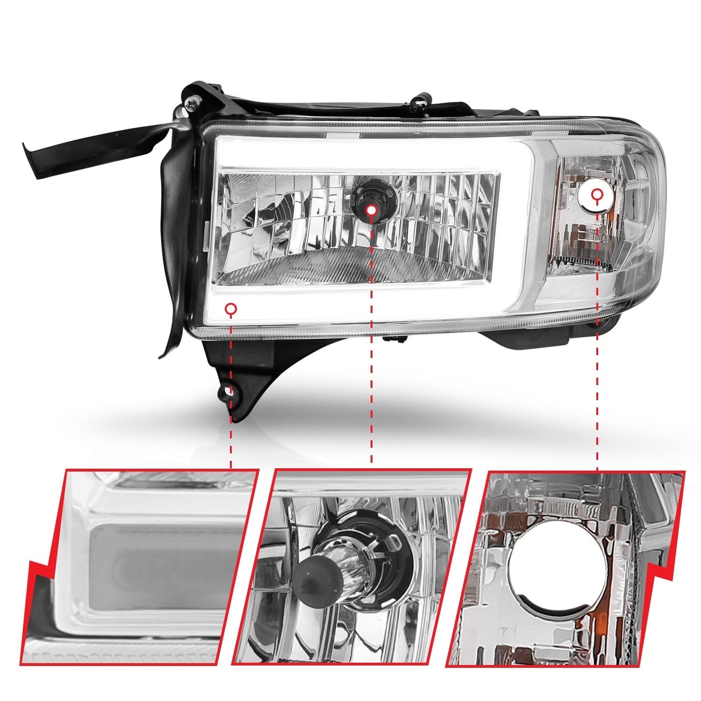 Anzo USA | LED Crystal Headlight Set w/Light Bar Chrome Housing Pair | Fits Ram 2500 | 111555