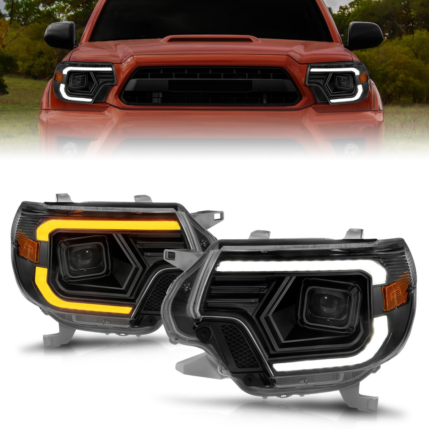 Anzo USA | Projector Headlight Set w/Light Bar Switchback Black Housing | Fits Tacoma | 111556