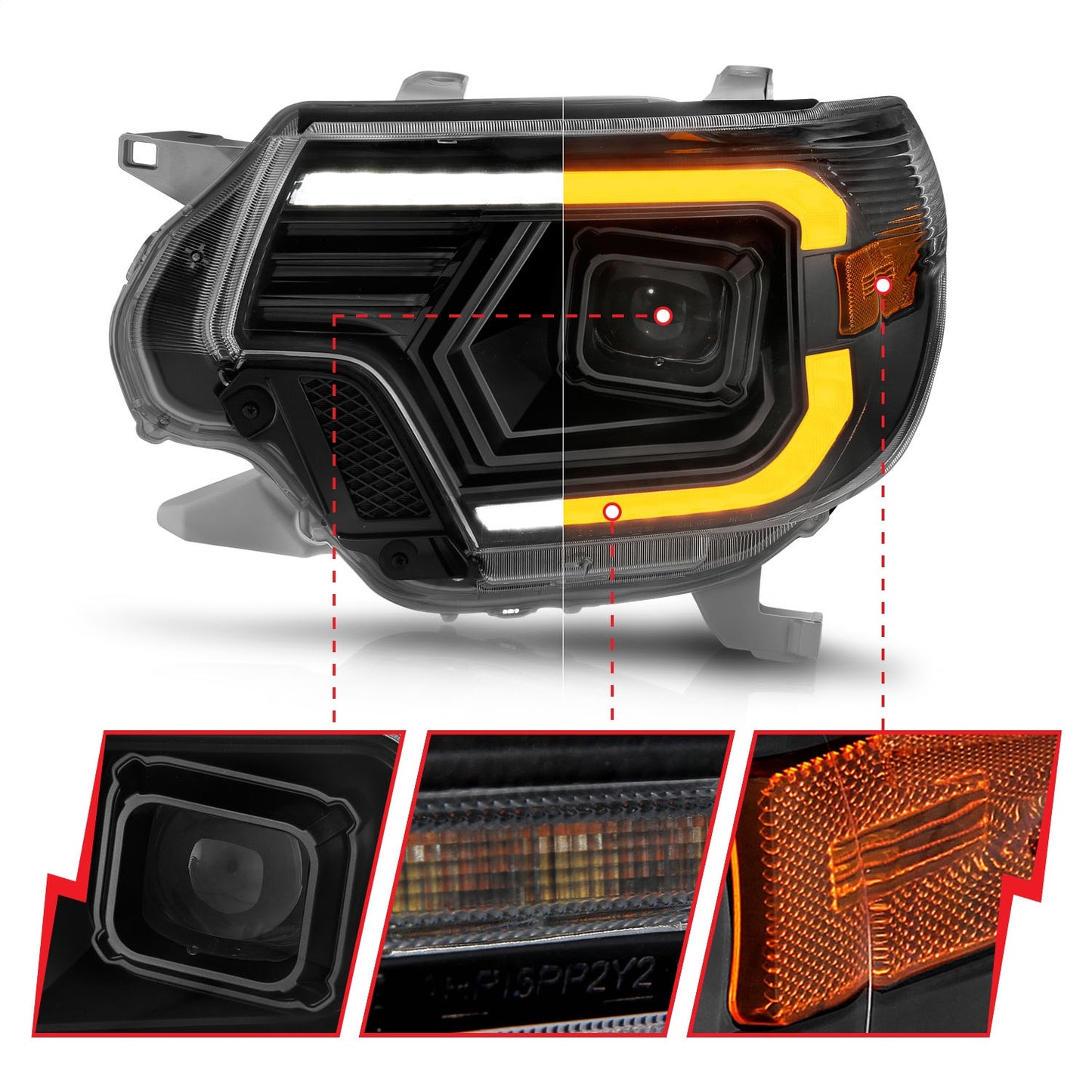 Anzo USA | Projector Headlight Set w/Light Bar Switchback Black Housing | Fits Tacoma | 111556
