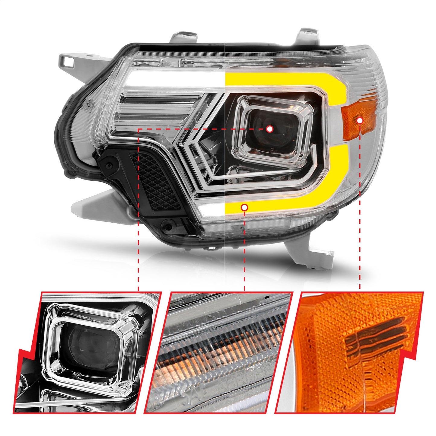 Anzo USA | Projector Headlight Set w/Light Bar Switchback Chrome Housing | Fits Tacoma | 111557