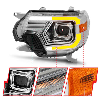 Anzo USA | Projector Headlight Set w/Light Bar Switchback Chrome Housing | Fits Tacoma | 111557
