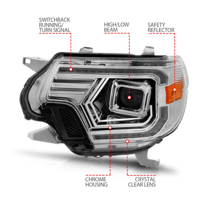 Anzo USA | Projector Headlight Set w/Light Bar Switchback Chrome Housing | Fits Tacoma | 111557