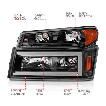 Anzo USA | Crystal Headlight Set Black Housing Pair w/Light Bar 4 PCS | Fits Colorado | 111558