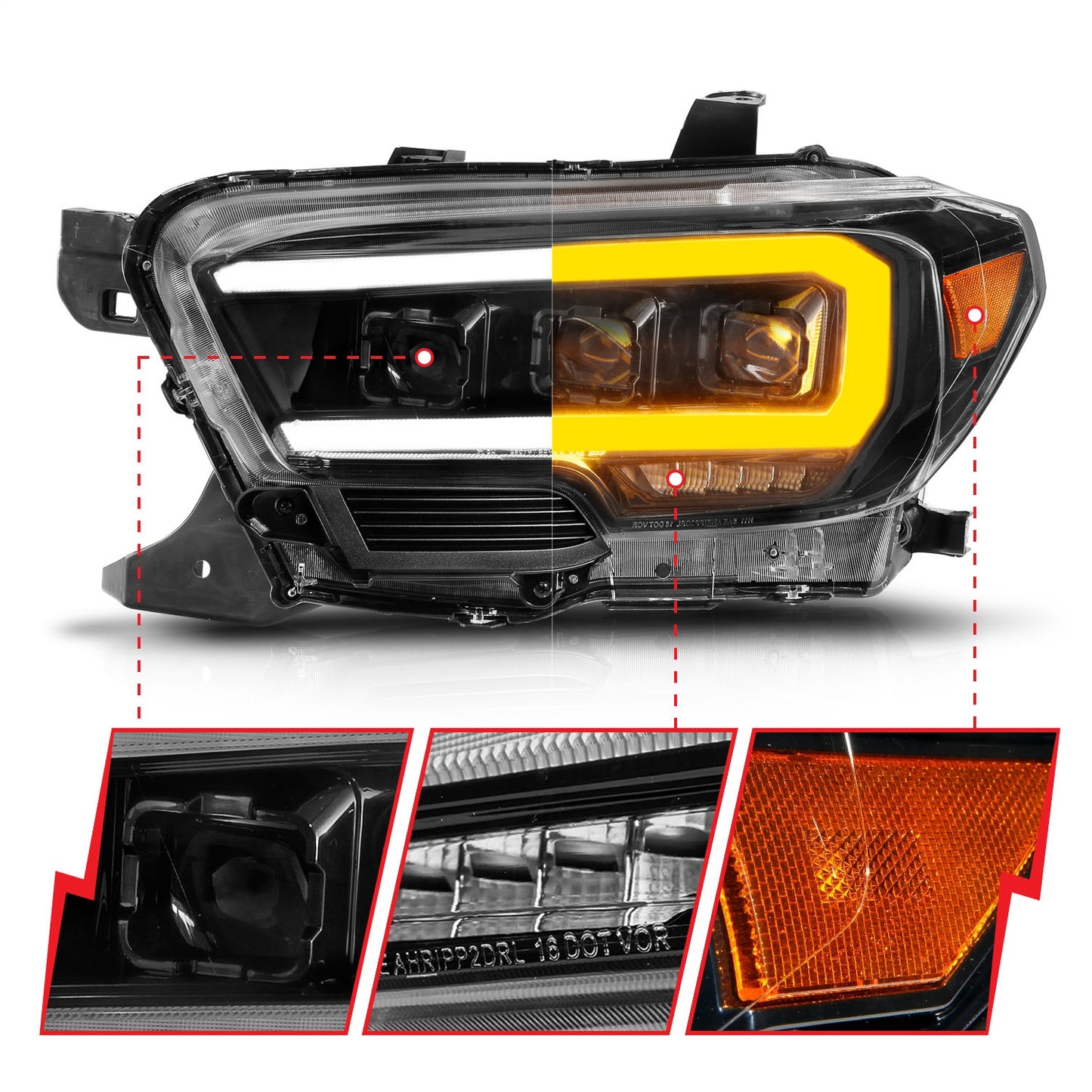 Anzo USA | Projector Headlight Set Clear Lens Black Housing w/Light Bar Sequential w/Initiation Light Pair | Fits Tacoma | 111563