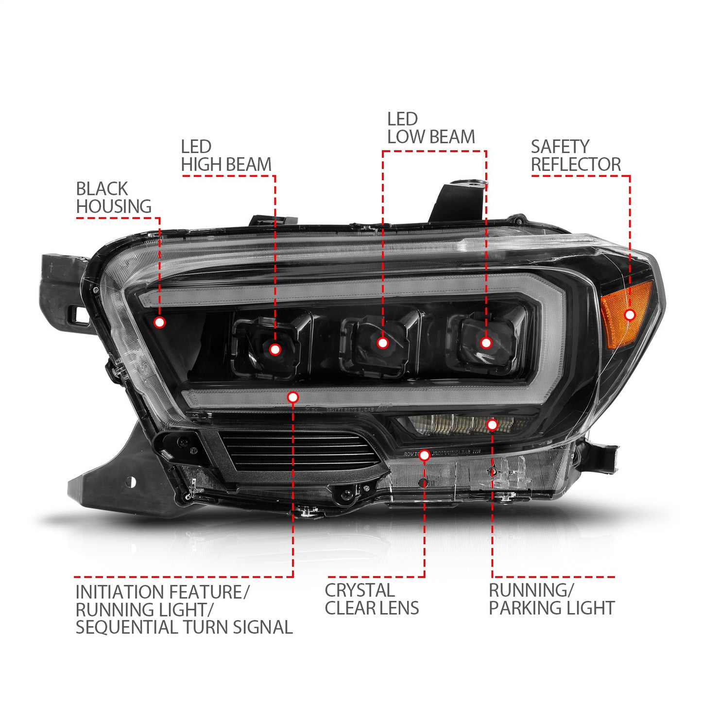 Anzo USA | Projector Headlight Set Clear Lens Black Housing w/Light Bar Sequential w/Initiation Light Pair | Fits Tacoma | 111563