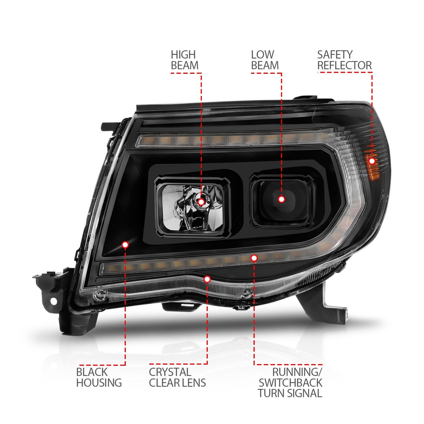 Anzo USA | Projector Headlight Set w/Sequential Light Bar Black Housing | Fits Tacoma | 111564