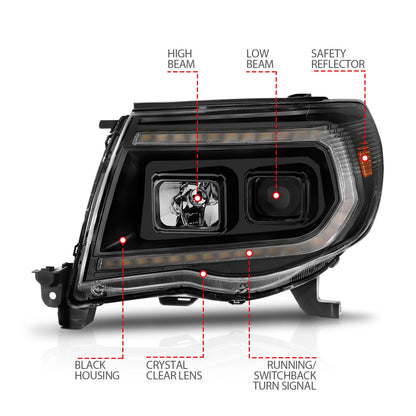 Anzo USA | Projector Headlight Set w/Sequential Light Bar Black Housing | Fits Tacoma | 111564