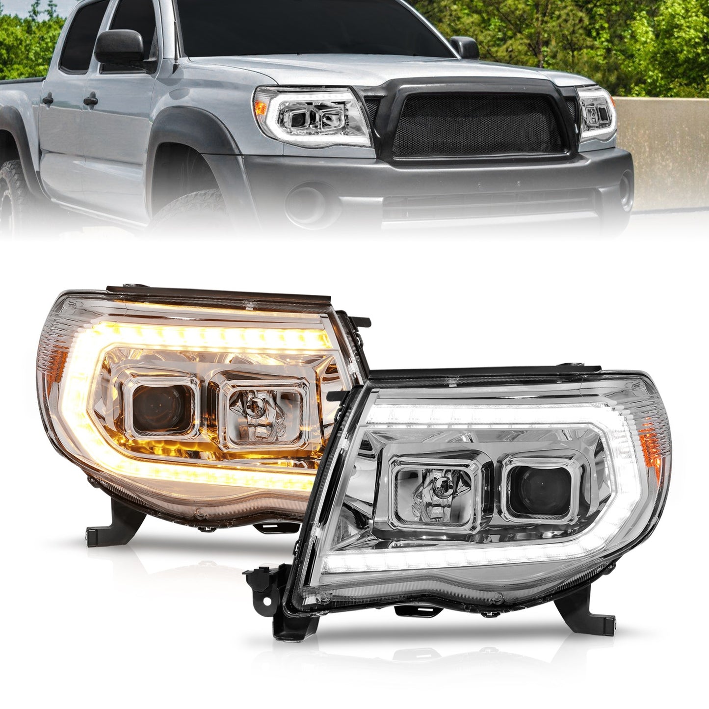 Anzo USA | Projector Headlight Set w/Sequential Light Bar Chrome Housing | Fits Tacoma | 111565