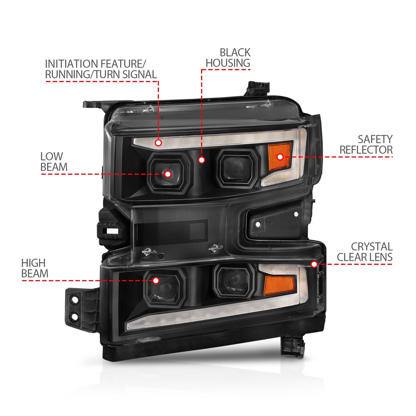 Anzo USA | LED Projector Headlight Clear Lens Black Housing w/Light Bar Switchback Sequential w/Initiation Light Driver Side Only | Fits Silverado 1500 | 111566-L