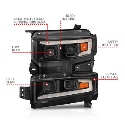 Anzo USA | LED Projector Headlight Clear Lens Black Housing w/Light Bar Switchback Sequential w/Initiation Light Driver Side Only | Fits Silverado 1500 | 111566-L