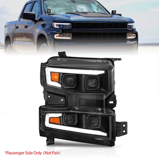 Anzo USA | LED Projector Headlight Clear Lens Black Housing w/Light Bar Switchback Sequential w/Initiation Light Passenger Side Only | Fits Silverado 1500 | 111566-R