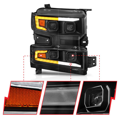 Anzo USA | LED Projector Headlight Clear Lens Black Housing w/Light Bar Switchback Sequential w/Initiation Light Passenger Side Only | Fits Silverado 1500 | 111566-R