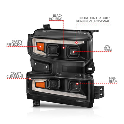 Anzo USA | LED Projector Headlight Clear Lens Black Housing w/Light Bar Switchback Sequential w/Initiation Light Passenger Side Only | Fits Silverado 1500 | 111566-R