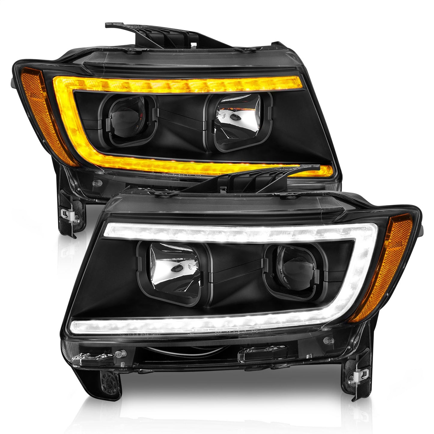 Anzo USA | Projector Headlight Set Clear Lens Black Housing w/Light Bar Switchback Pair | Fits Grand Cherokee | 111568