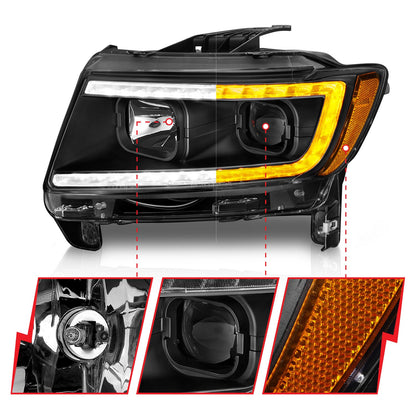 Anzo USA | Projector Headlight Set Clear Lens Black Housing w/Light Bar Switchback Pair | Fits Grand Cherokee | 111568