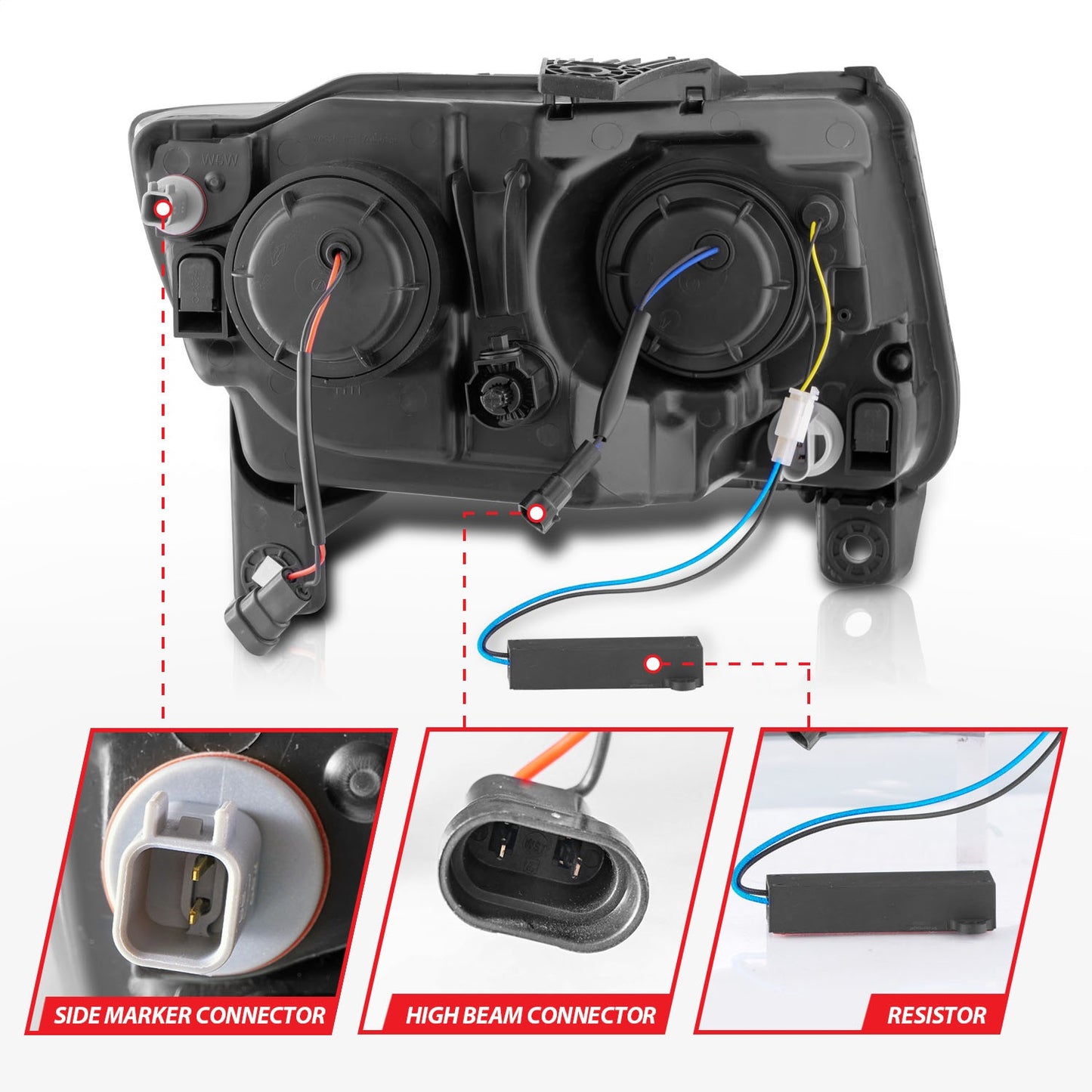 Anzo USA | Projector Headlight Set Clear Lens Black Housing w/Light Bar Switchback Pair | Fits Grand Cherokee | 111568