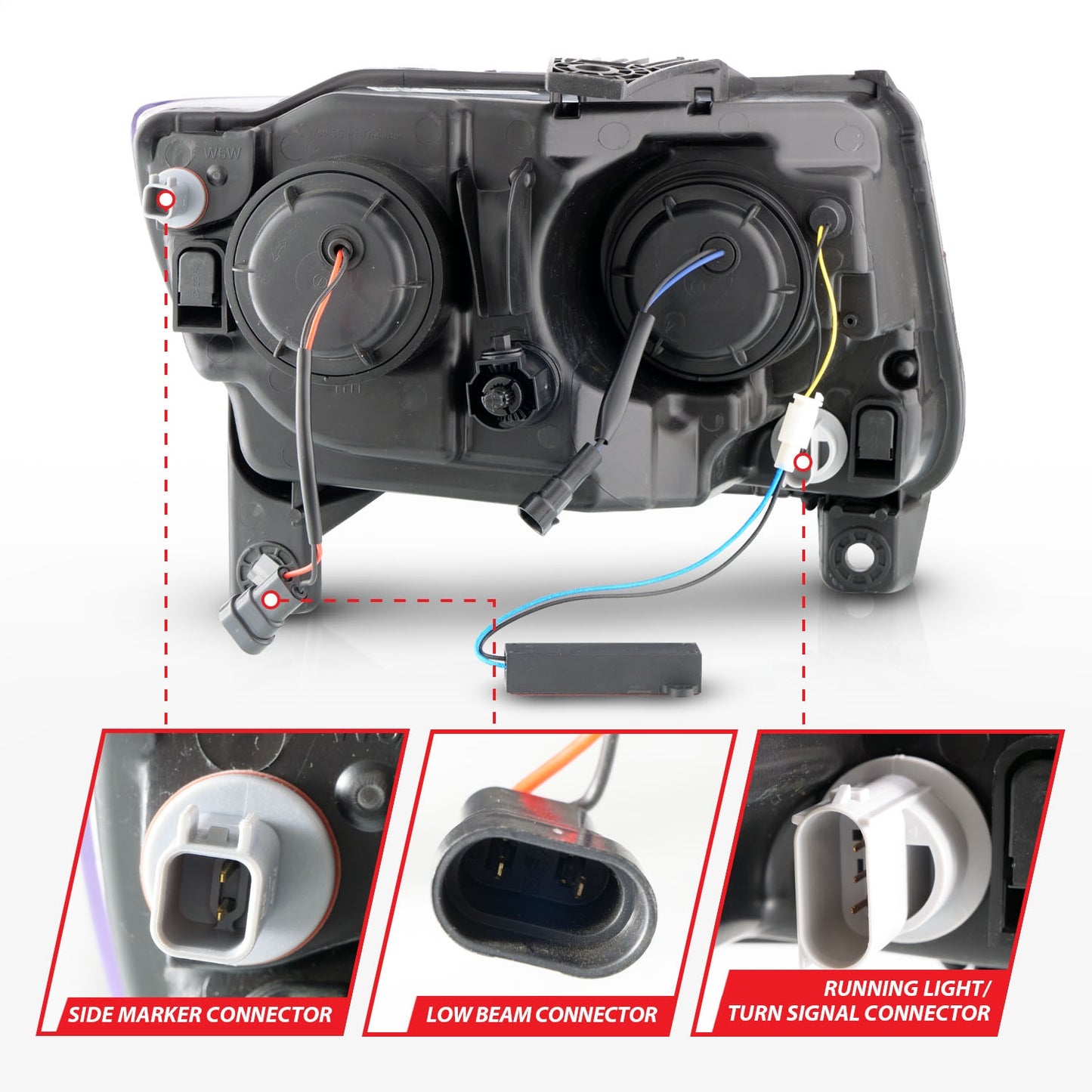 Anzo USA | Projector Headlight Set Clear Lens Black Housing w/Light Bar Switchback Pair | Fits Grand Cherokee | 111568
