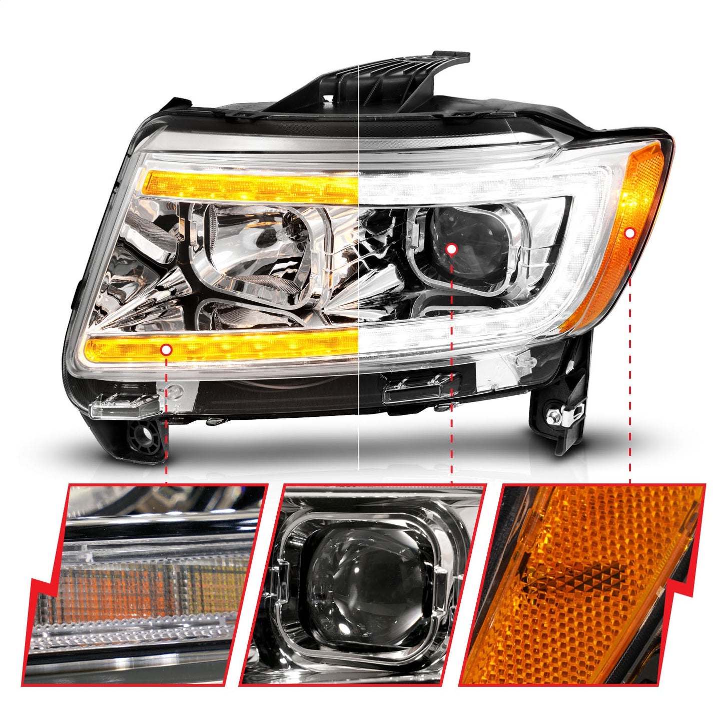 Anzo USA | Projector Headlight Set Clear Lens Chrome Housing w/Light Bar Switchback Pair | Fits Grand Cherokee | 111569
