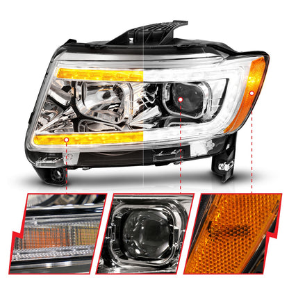Anzo USA | Projector Headlight Set Clear Lens Chrome Housing w/Light Bar Switchback Pair | Fits Grand Cherokee | 111569