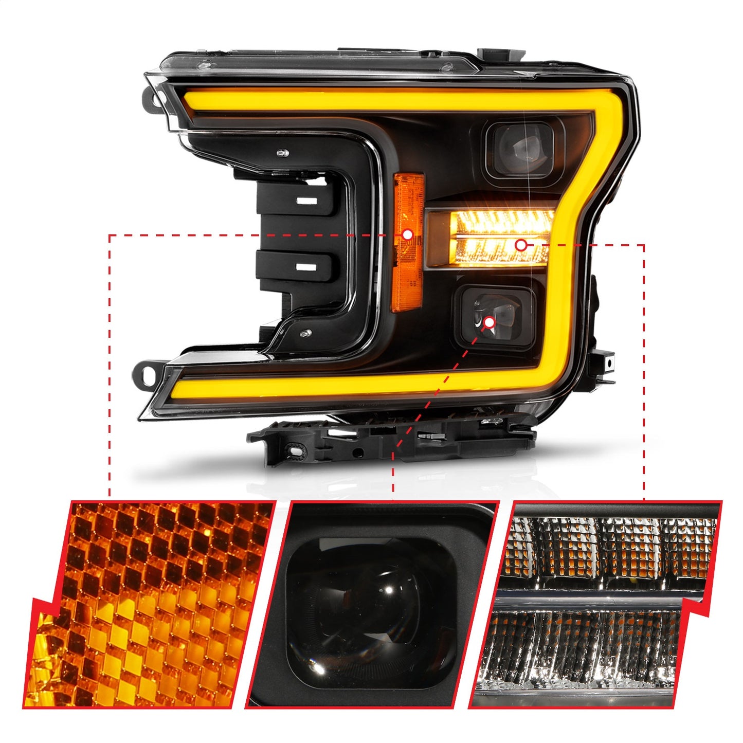 Anzo USA | LED Projector Headlight Clear Lens Black Housing w/Light Bar Switchback Sequential w/Initiation Light Pair | Fits F-150 | 111570