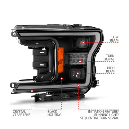 Anzo USA | LED Projector Headlight Clear Lens Black Housing w/Light Bar Switchback Sequential w/Initiation Light Pair | Fits F-150 | 111570