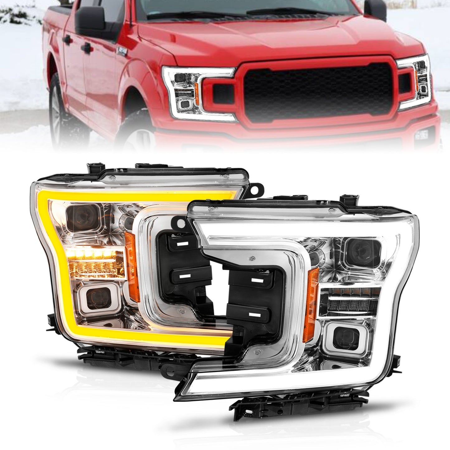 Anzo USA | LED Projector Headlight Clear Lens Chrome Housing w/Light Bar Switchback Sequential w/Initiation Light Pair | Fits F-150 | 111571