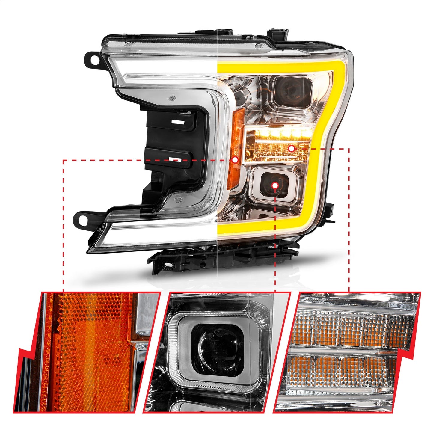 Anzo USA | LED Projector Headlight Clear Lens Chrome Housing w/Light Bar Switchback Sequential w/Initiation Light Pair | Fits F-150 | 111571