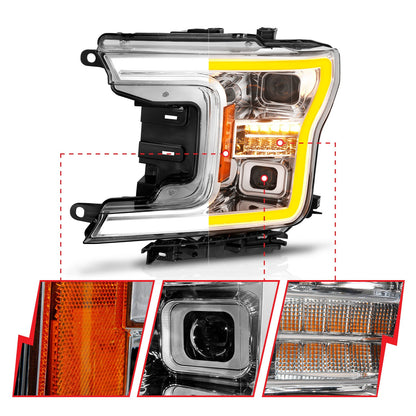 Anzo USA | LED Projector Headlight Clear Lens Chrome Housing w/Light Bar Switchback Sequential w/Initiation Light Pair | Fits F-150 | 111571