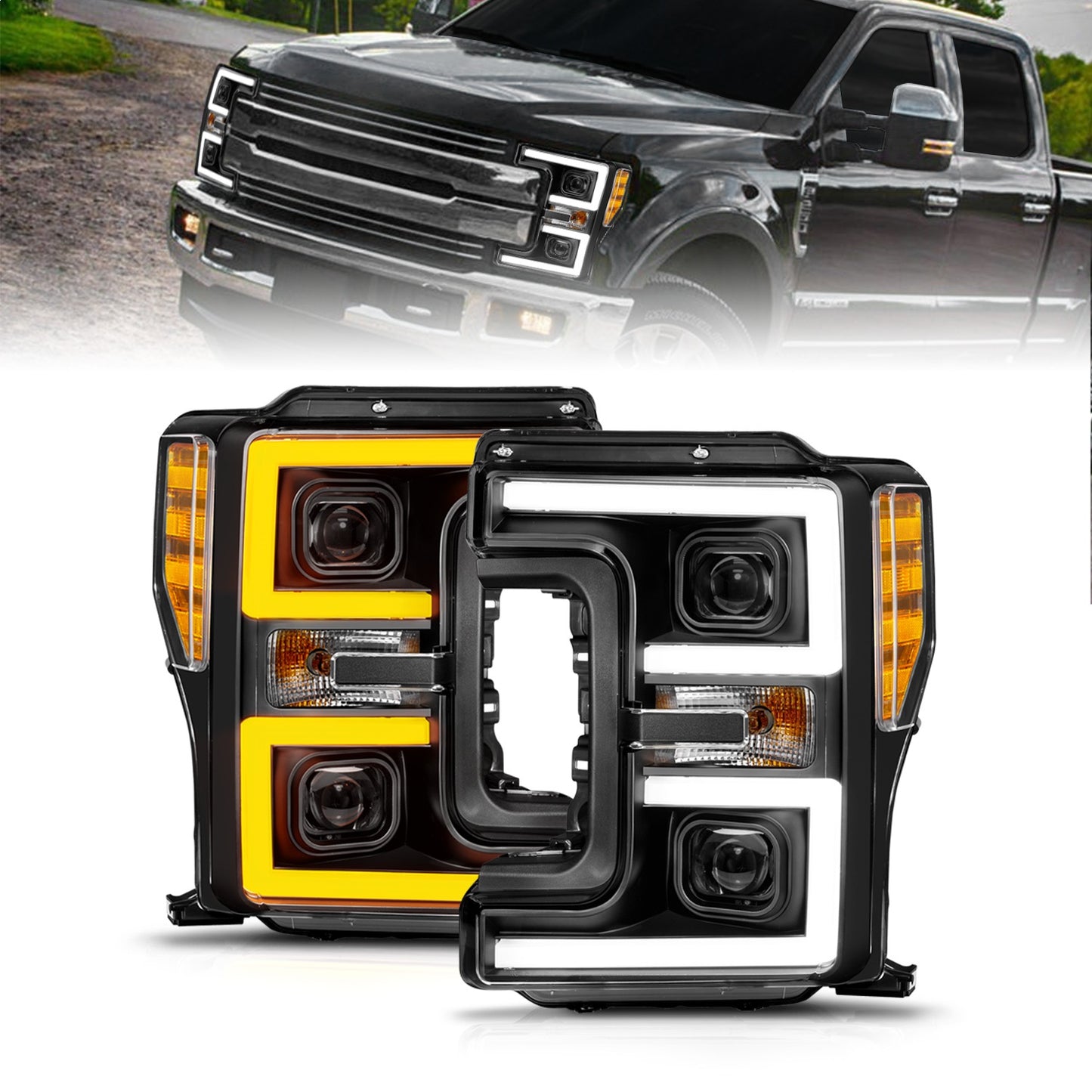 Anzo USA | LED Projector Headlight Clear Lens Black Housing w/Light Bar Switchback Pair | Fits F-250 Super Duty | 111577