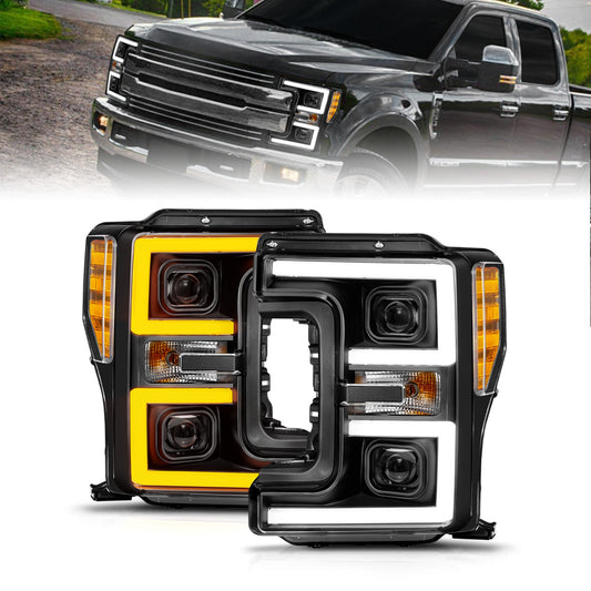 Anzo USA | LED Projector Headlight Clear Lens Black Housing w/Light Bar Switchback Pair | Fits F-250 Super Duty | 111577