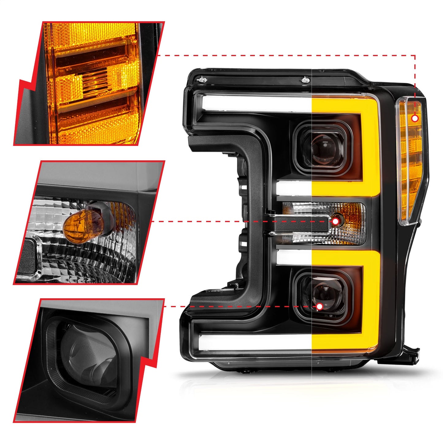Anzo USA | LED Projector Headlight Clear Lens Black Housing w/Light Bar Switchback Pair | Fits F-250 Super Duty | 111577