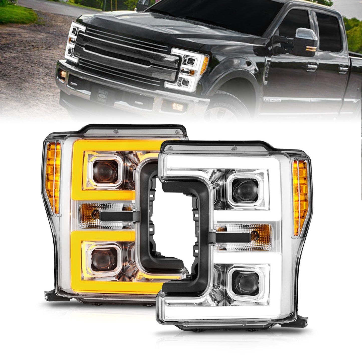 Anzo USA | LED Projector Headlight Clear Lens Chrome Housing w/Light Bar Switchback Pair | Fits F-250 Super Duty | 111578