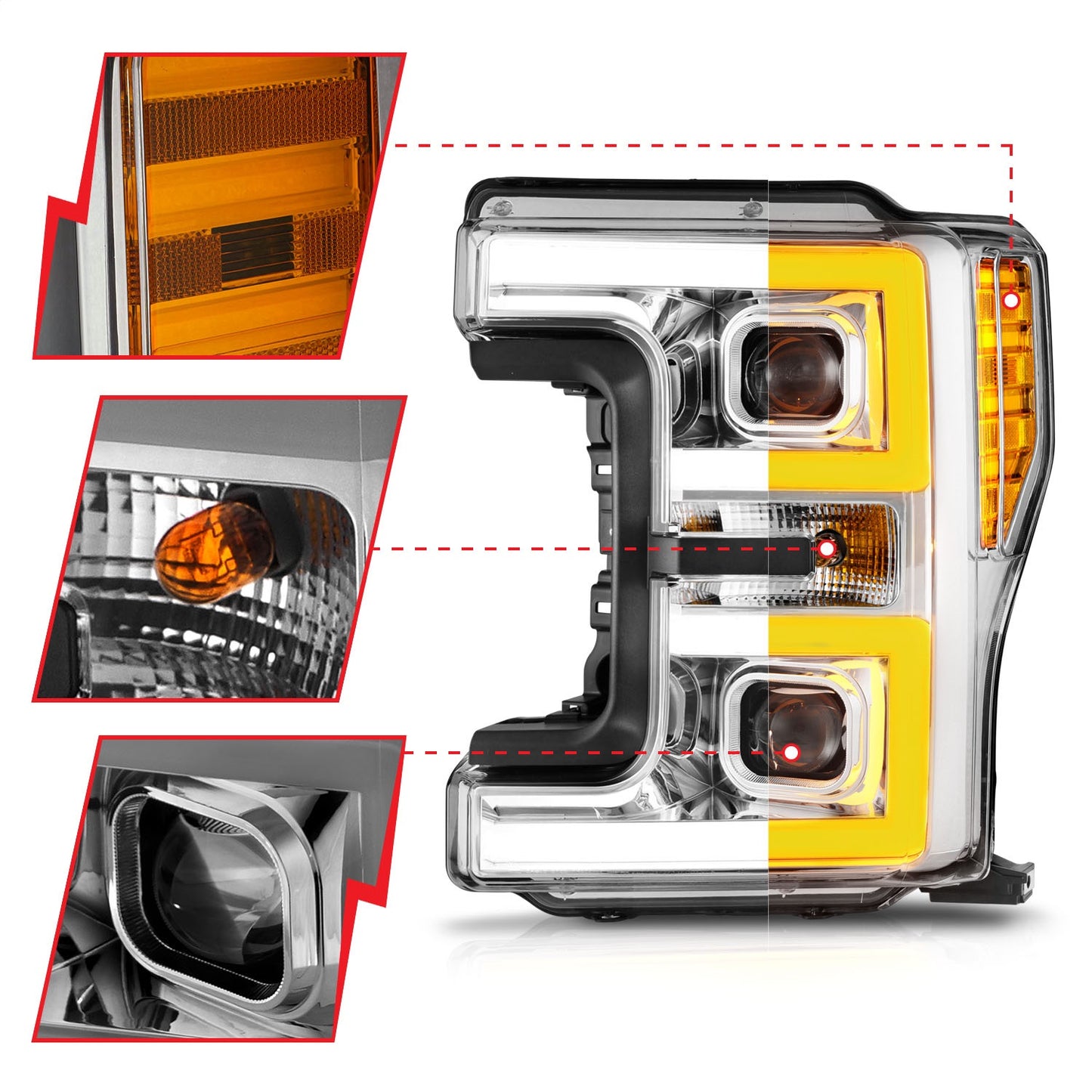 Anzo USA | LED Projector Headlight Clear Lens Chrome Housing w/Light Bar Switchback Pair | Fits F-250 Super Duty | 111578