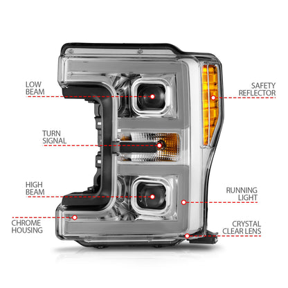 Anzo USA | LED Projector Headlight Clear Lens Chrome Housing w/Light Bar Switchback Pair | Fits F-250 Super Duty | 111578
