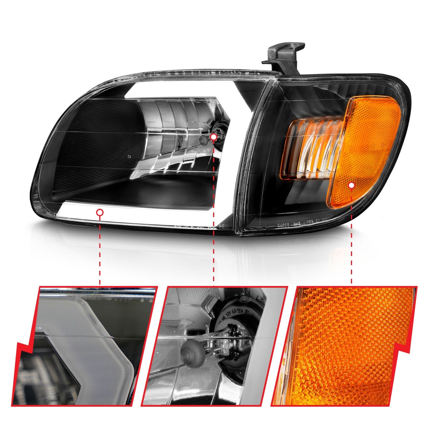 Anzo USA | Crystal Headlight Set Clear Lens Black Housing w/Light Bar Pair | Fits Tundra | 111579