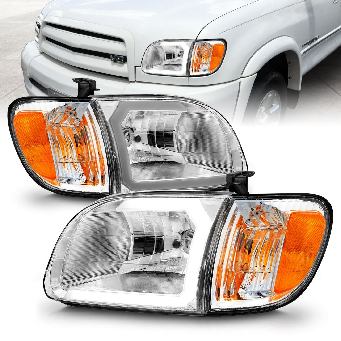 Anzo USA | Crystal Headlight Set Clear Lens Chorme Housing w/Light Bar Pair | Fits Tundra | 111580
