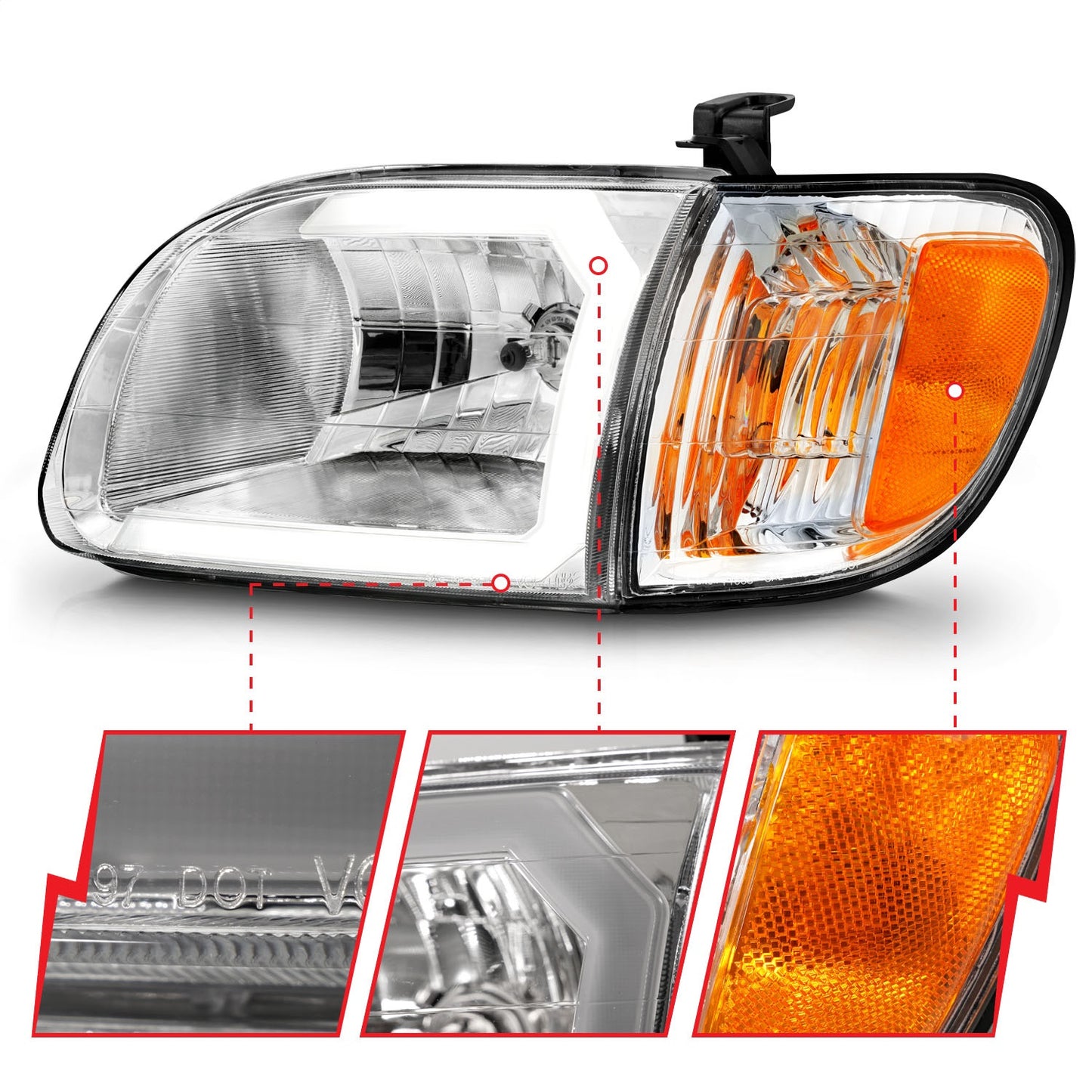 Anzo USA | Crystal Headlight Set Clear Lens Chorme Housing w/Light Bar Pair | Fits Tundra | 111580